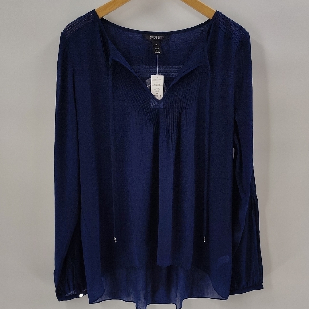 White House Black Market WHBM Katrina Boho Blouse Size 14 Noble Blue Long Sleeve